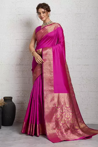 rani pink golden zari border silk blend saree with blouse