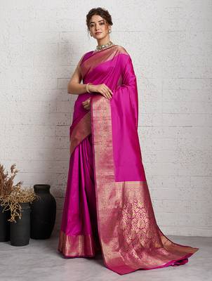 rani pink golden zari border silk blend saree with blouse 3