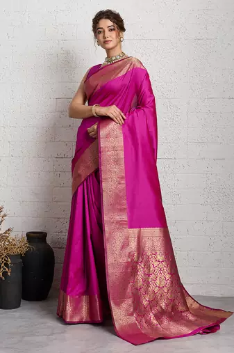 rani pink golden zari border silk blend saree with blouse