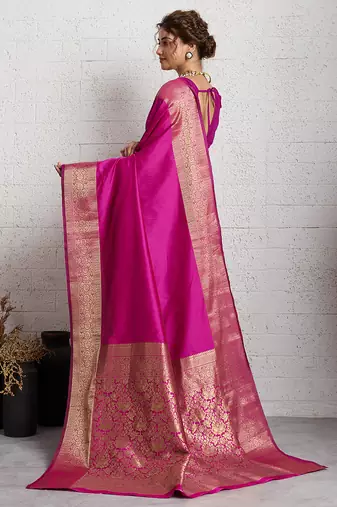 rani pink golden zari border silk blend saree with blouse
