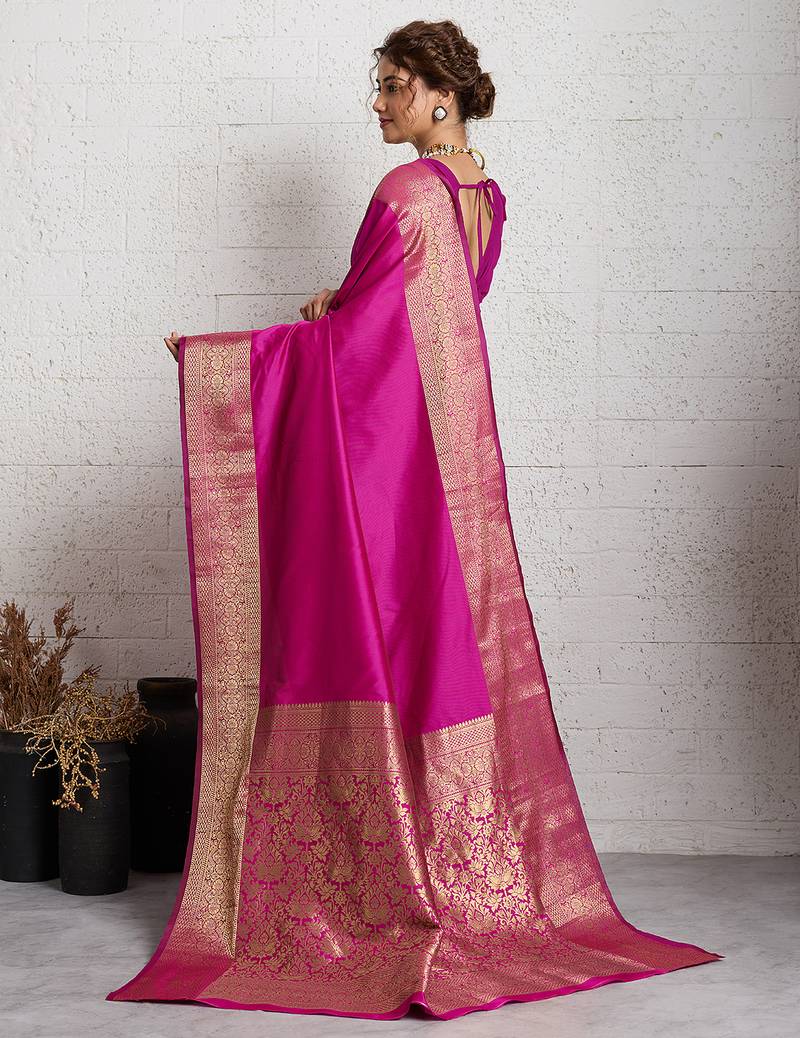 rani pink golden zari border silk blend saree with blouse