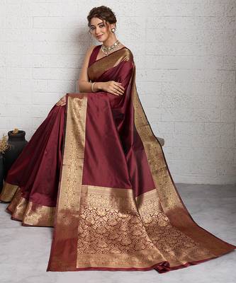 brown golden zari border silk blend saree with blouse 1