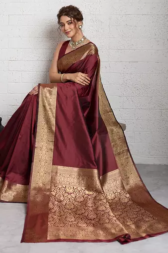 brown golden zari border silk blend saree with blouse