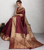 brown golden zari border silk blend saree with blouse