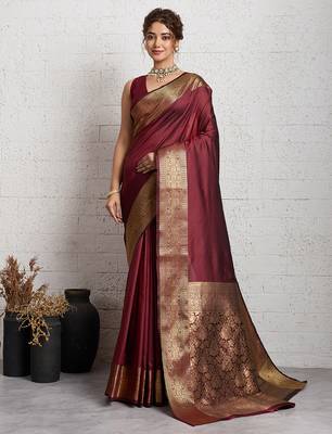 brown golden zari border silk blend saree with blouse 2
