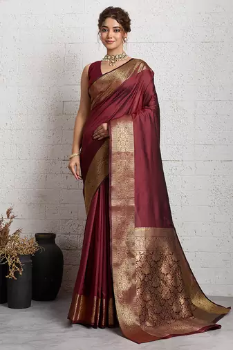 brown golden zari border silk blend saree with blouse