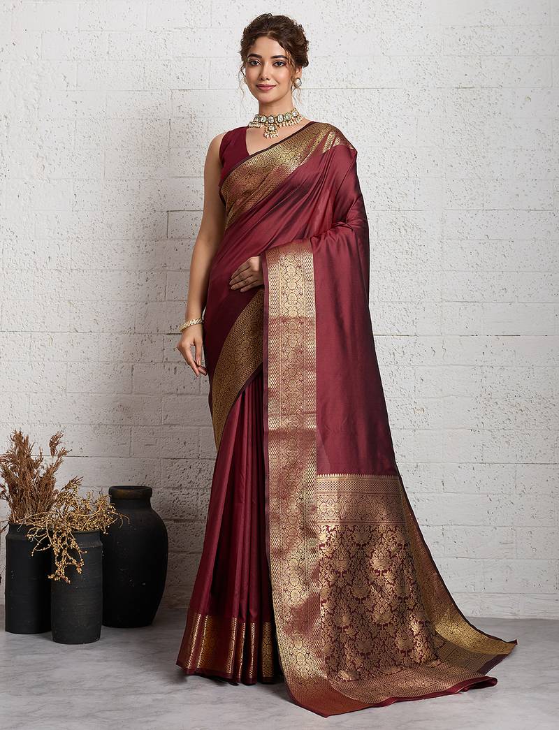 brown golden zari border silk blend saree with blouse