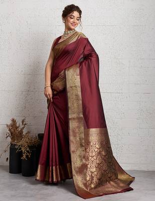 brown golden zari border silk blend saree with blouse 3