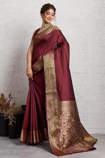 brown golden zari border silk blend saree with blouse