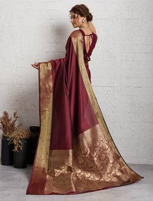 brown golden zari border silk blend saree with blouse 4