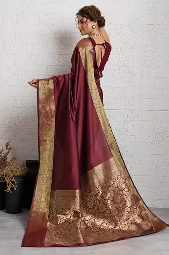 brown golden zari border silk blend saree with blouse
