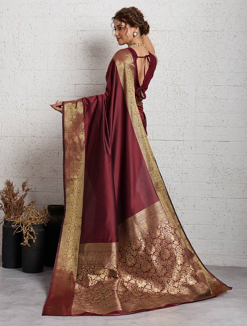brown golden zari border silk blend saree with blouse