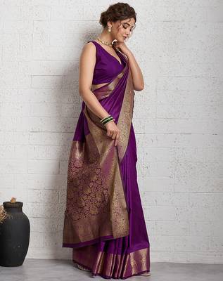 wine golden zari border silk blend saree with blouse 2