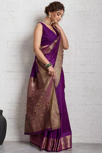 wine golden zari border silk blend saree with blouse