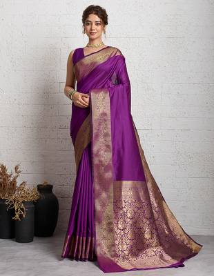 wine golden zari border silk blend saree with blouse 1