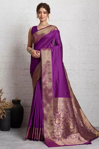 wine golden zari border silk blend saree with blouse