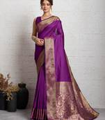 wine golden zari border silk blend saree with blouse