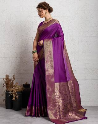 wine golden zari border silk blend saree with blouse 3