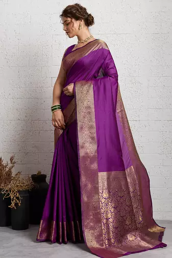 wine golden zari border silk blend saree with blouse