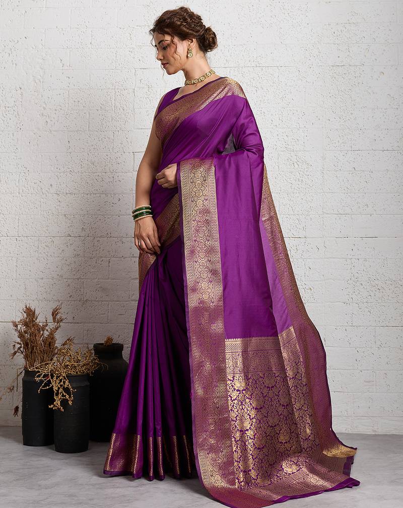 wine golden zari border silk blend saree with blouse
