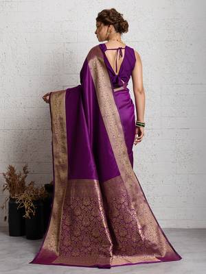 wine golden zari border silk blend saree with blouse 4