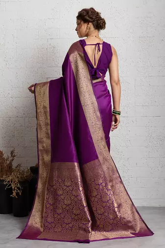 wine golden zari border silk blend saree with blouse
