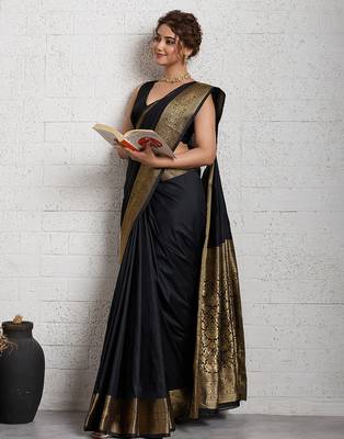 black golden zari border silk blend saree with blouse 2