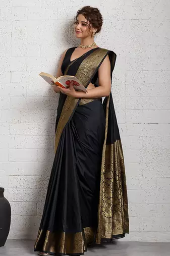 black golden zari border silk blend saree with blouse