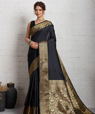 black golden zari border silk blend saree with blouse 1