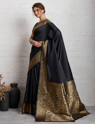 black golden zari border silk blend saree with blouse 3