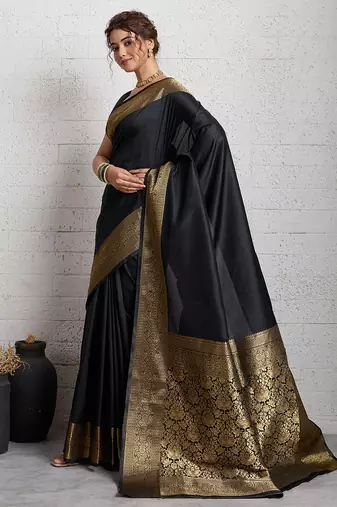 black golden zari border silk blend saree with blouse