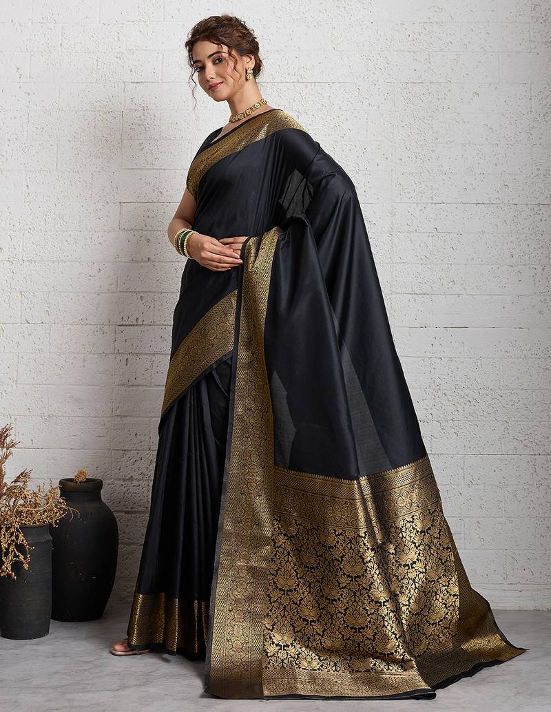 black golden zari border silk blend saree with blouse