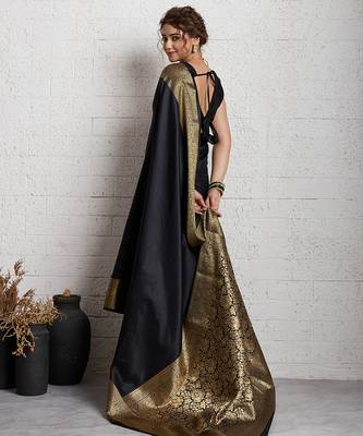 black golden zari border silk blend saree with blouse 4