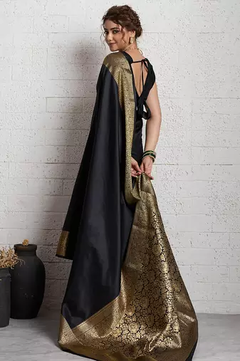 black golden zari border silk blend saree with blouse
