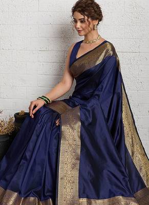 navy blue golden zari border silk blend saree with blouse 2