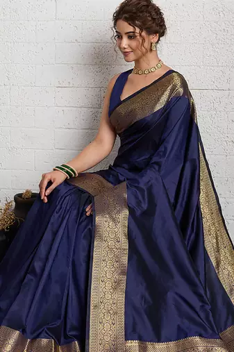 navy blue golden zari border silk blend saree with blouse