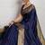 navy blue golden zari border silk blend saree with blouse