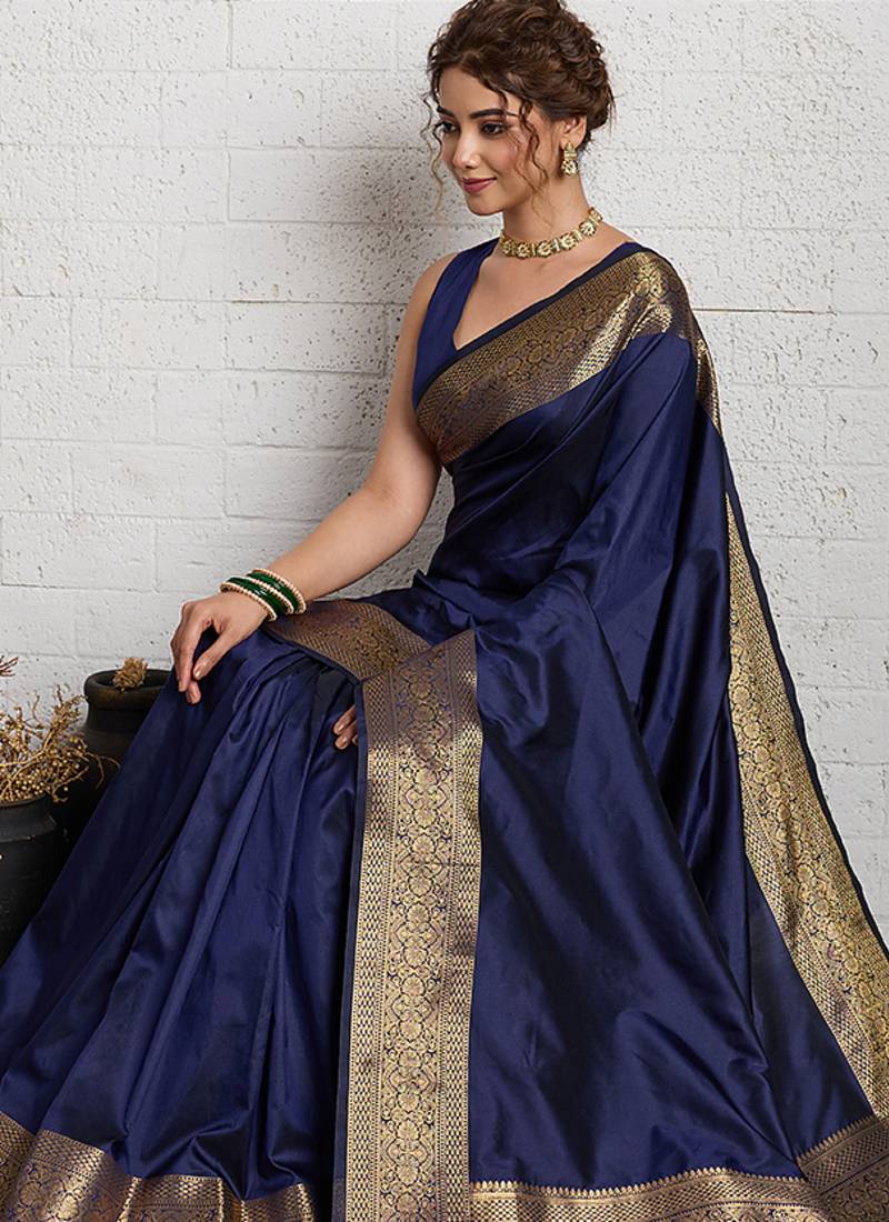 navy blue golden zari border silk blend saree with blouse