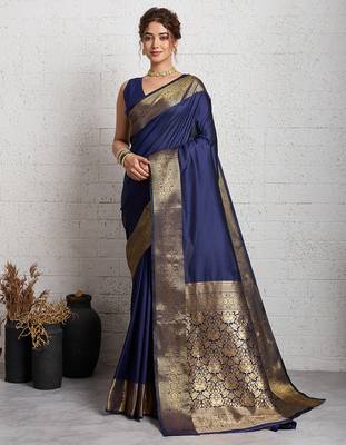 navy blue golden zari border silk blend saree with blouse 1
