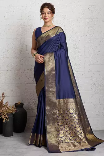 navy blue golden zari border silk blend saree with blouse