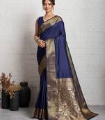navy blue golden zari border silk blend saree with blouse