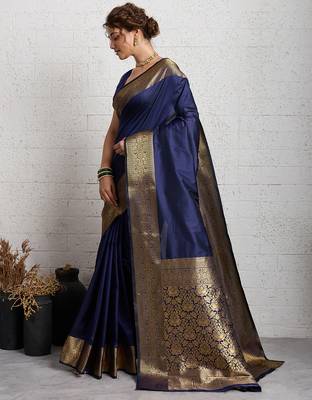 navy blue golden zari border silk blend saree with blouse 3