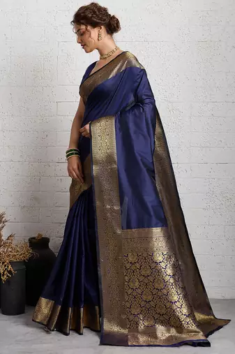 navy blue golden zari border silk blend saree with blouse