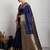 navy blue golden zari border silk blend saree with blouse