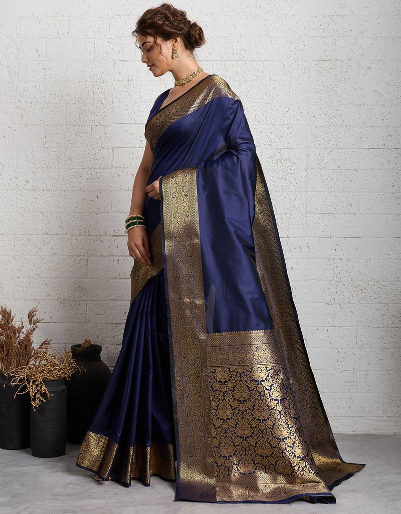 navy blue golden zari border silk blend saree with blouse