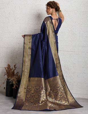 navy blue golden zari border silk blend saree with blouse 4