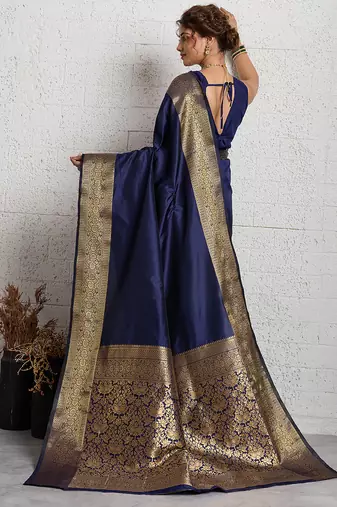 navy blue golden zari border silk blend saree with blouse