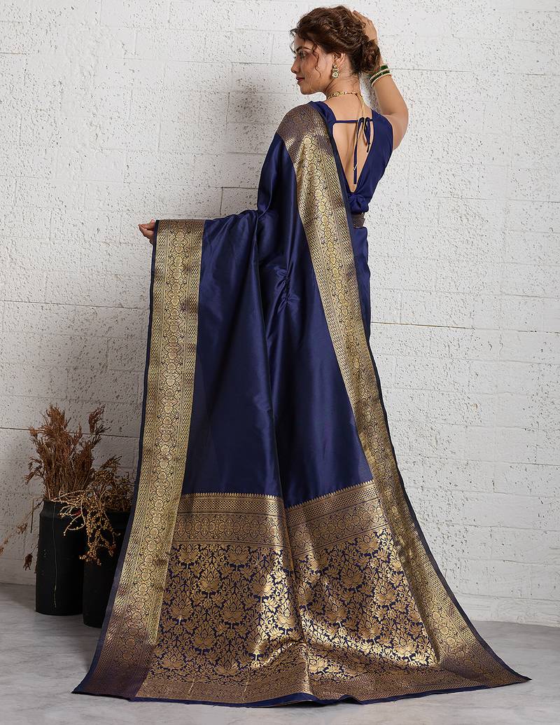 navy blue golden zari border silk blend saree with blouse