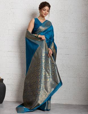 blue golden zari border silk blend saree with blouse 1