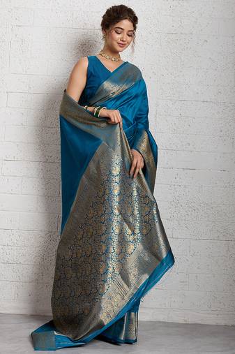 blue golden zari border silk blend saree with blouse